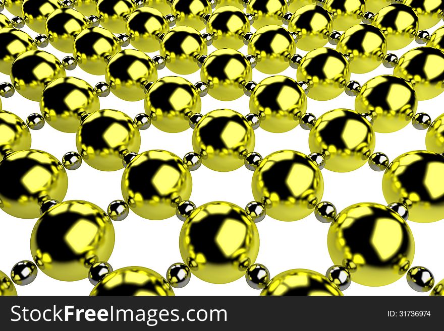 Abstract metal lattice consisting of golden and steel balls isolated on white, perspective view. Abstract metal lattice consisting of golden and steel balls isolated on white, perspective view