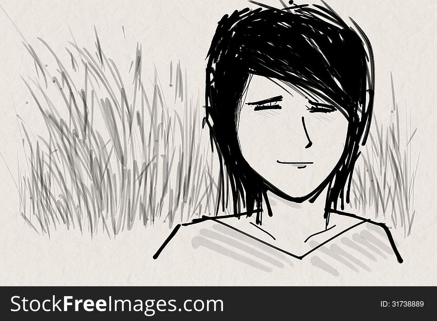 Art sketching, beautiful girl face with nature background, paper texture
