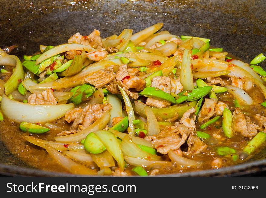 Cooking Fried Parkia with shrimp and sauce in pan, Thai food. Cooking Fried Parkia with shrimp and sauce in pan, Thai food