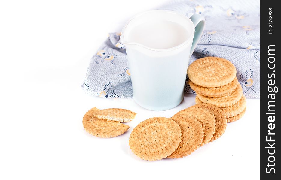 Breakfast, milk and cookies on a white background