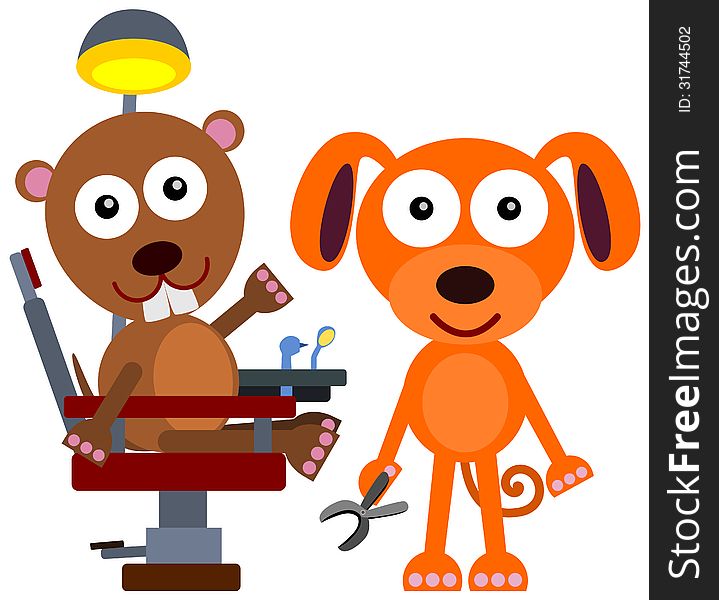 A gopher sitting on a dental chair with his dentist dog. A gopher sitting on a dental chair with his dentist dog