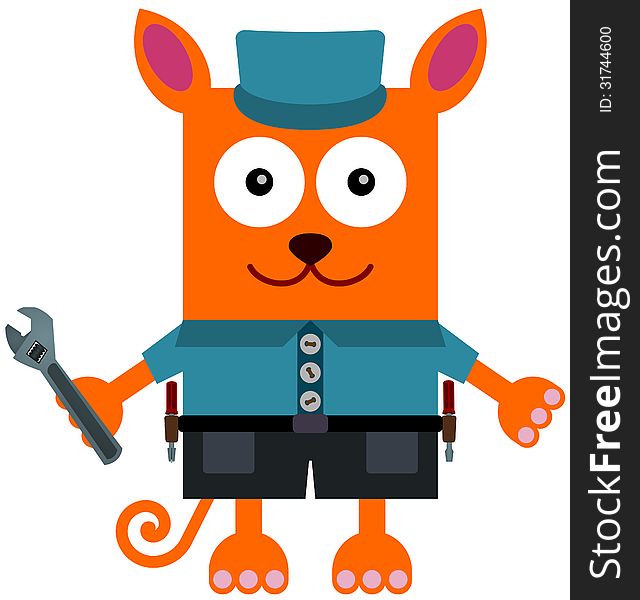 A cartoon cat dressed like a mechanic and holding a wrench. A cartoon cat dressed like a mechanic and holding a wrench