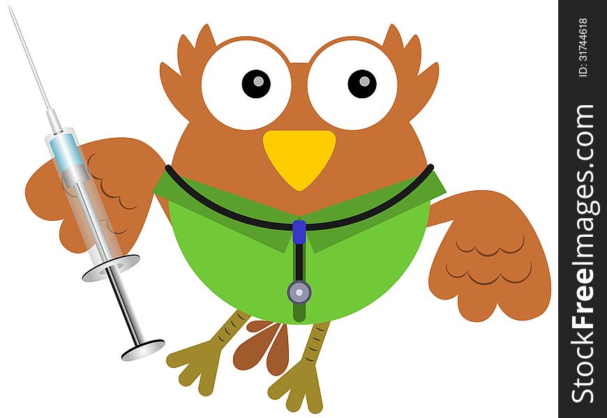 A humorous illustration of a doctor owl holding a syringe. A humorous illustration of a doctor owl holding a syringe