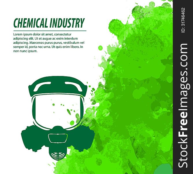 Gas mask and green splatters in chemical industry. Gas mask and green splatters in chemical industry