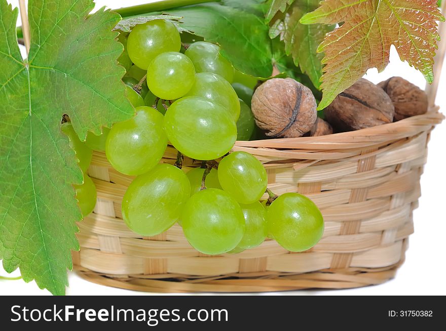 Bunch of grapes and walnuts in a basket decorated with vine leaf. Bunch of grapes and walnuts in a basket decorated with vine leaf