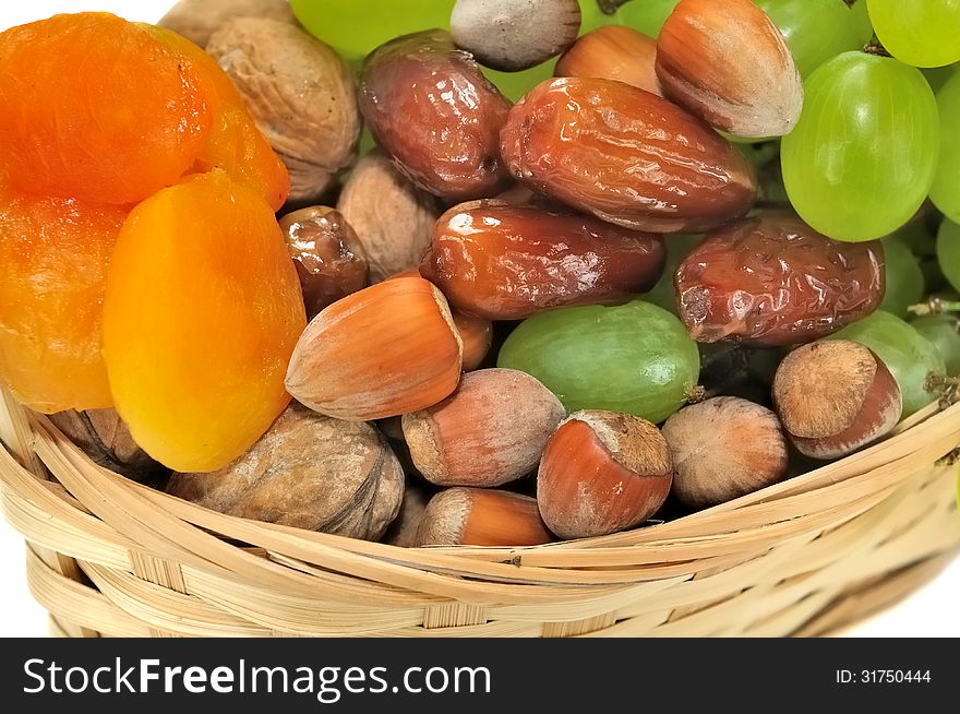 Close on dried fruits and grapes in a basket