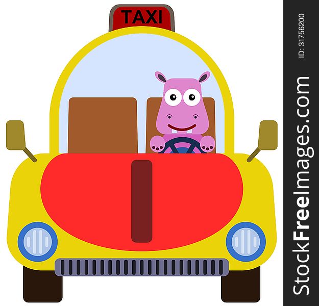 A cute illustration of a hippopotamus driving a taxi. A cute illustration of a hippopotamus driving a taxi