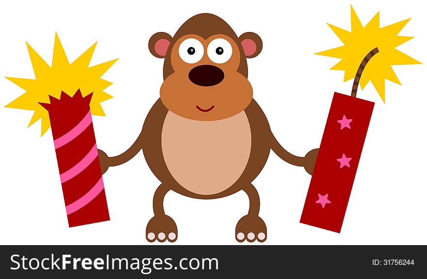 Illustration of a gorilla holding two huge firecracrackers. Illustration of a gorilla holding two huge firecracrackers