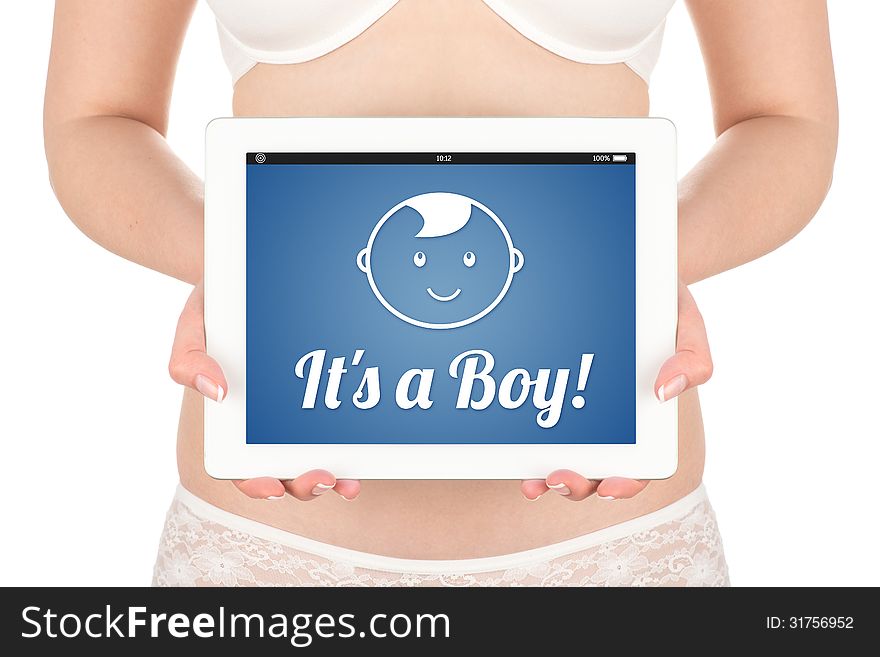 A pregnant woman is holding a tablet computer with the news about the child's gender. It is a boy! Isolated on white background.