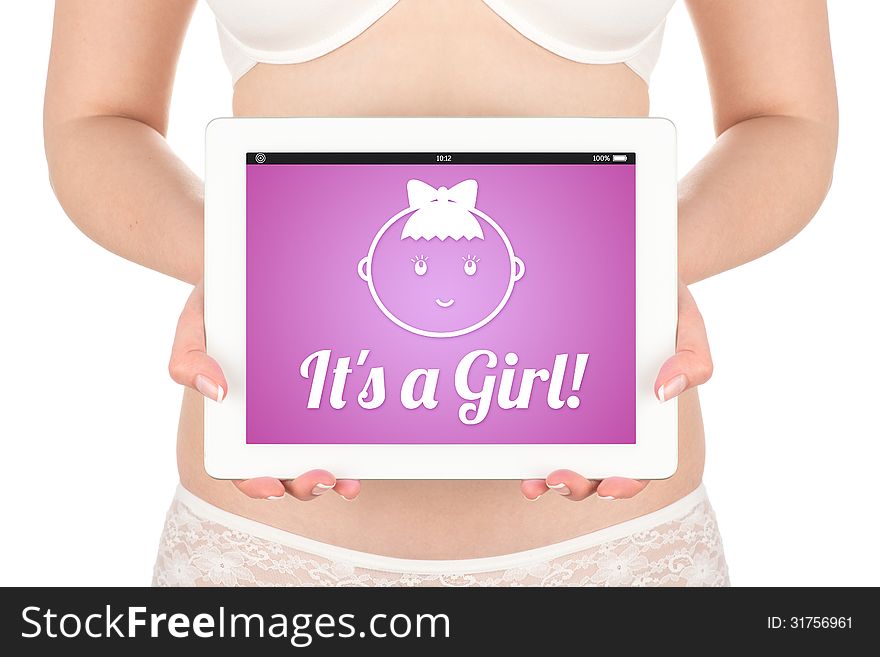 A pregnant woman is holding a tablet computer with the news about the child's gender. It is a girl! Isolated on white background.
