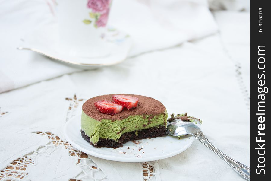 Tiramissu cake green tea with strawberries. Tiramissu cake green tea with strawberries