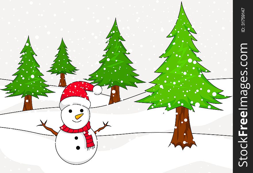 Illustration of Christmas Snowman with spruce