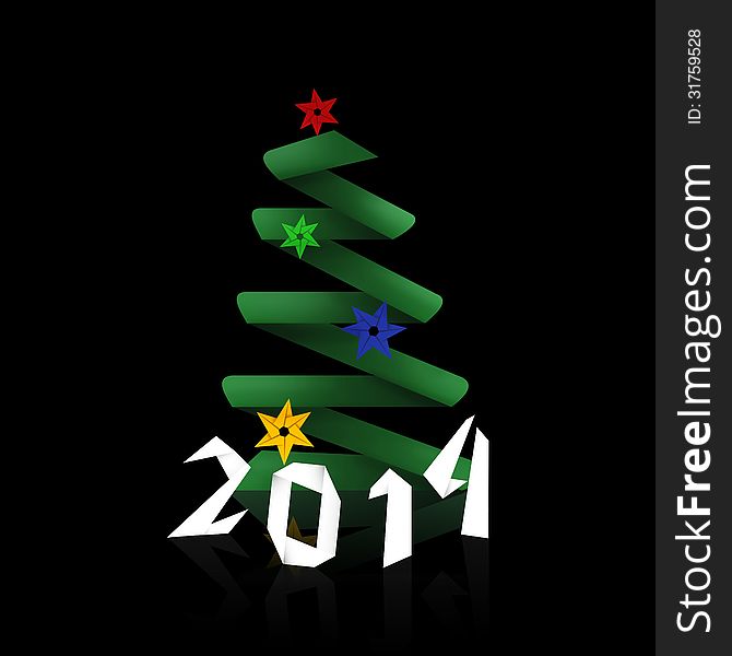 Minimal Happy New Year origami background with colorful origami snowflakes and 2014 text with reflection on black