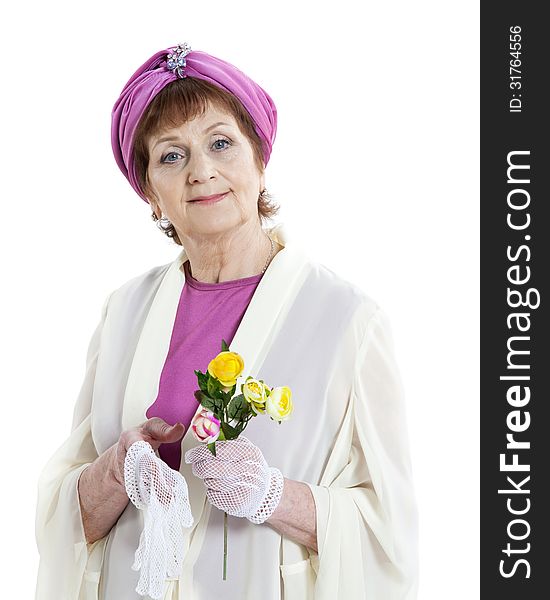 Beautiful woman with basket of flowers holding umbrella. Beautiful woman with basket of flowers holding umbrella