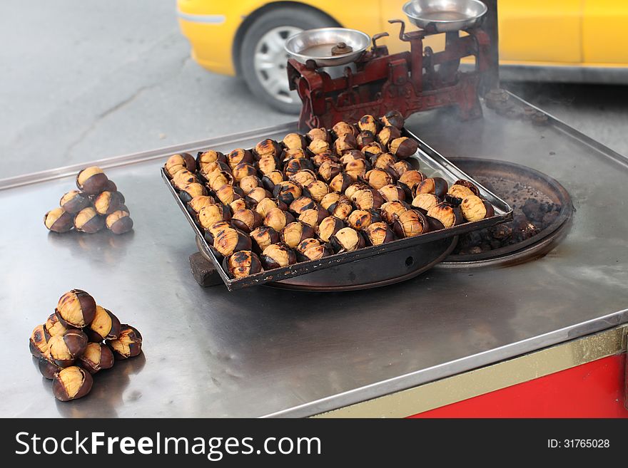 Selling fried chestnuts in Istanbul, Turkey.