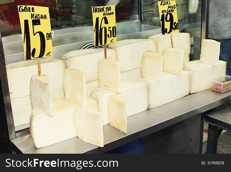 Cheese in shop window in Egyptian market. Istanbul, Turkey. Cheese in shop window in Egyptian market. Istanbul, Turkey