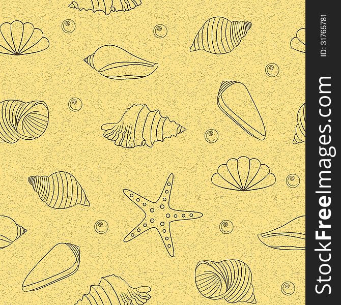 Seamless texture with shells on sandy background. Vector illustration. Seamless texture with shells on sandy background. Vector illustration.