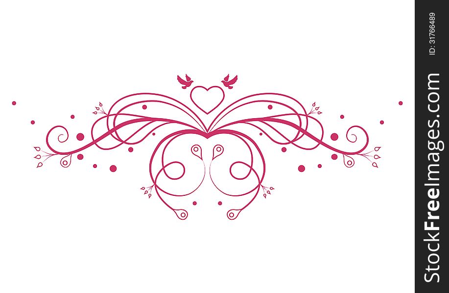 Ornamental tracery with heart and pigeons. Design element. Vector illustration. Ornamental tracery with heart and pigeons. Design element. Vector illustration