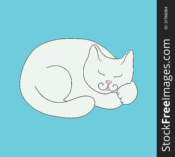 White cat sleeps on a blue background
