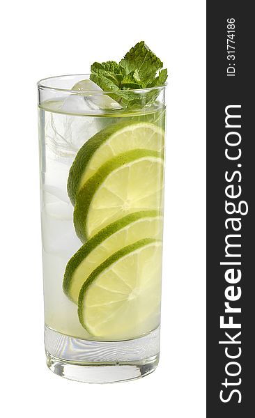 Lemonade with lime and ice on a white background