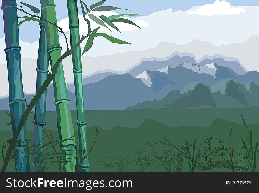Landscape with bamboo trees on the background of meadows and mountains