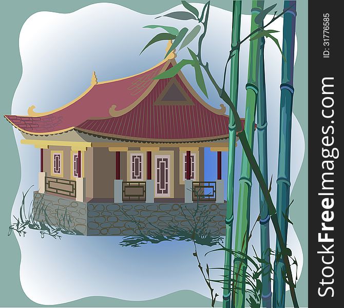 Vector illustration of a pagoda and bamboo