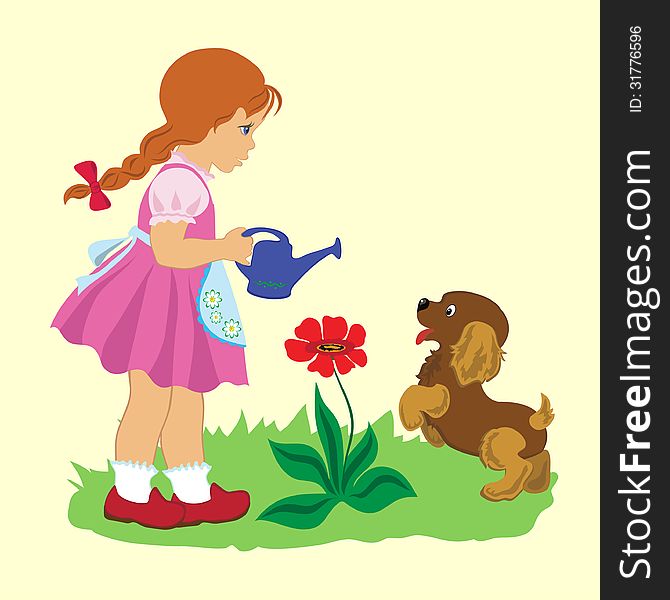 Cartoon illustration of little girl with a puppy on lawn watering a flower. Cartoon illustration of little girl with a puppy on lawn watering a flower.