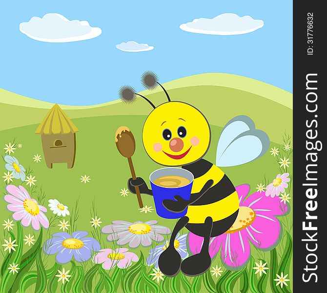 Illustration of fun bee that eats honey large wooden spoon out of the blue bucket sitting on a pink flower, that grows in the meadow. Illustration of fun bee that eats honey large wooden spoon out of the blue bucket sitting on a pink flower, that grows in the meadow