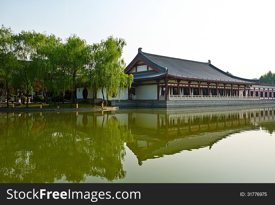 The Building On The Lakeside Landscape Xian