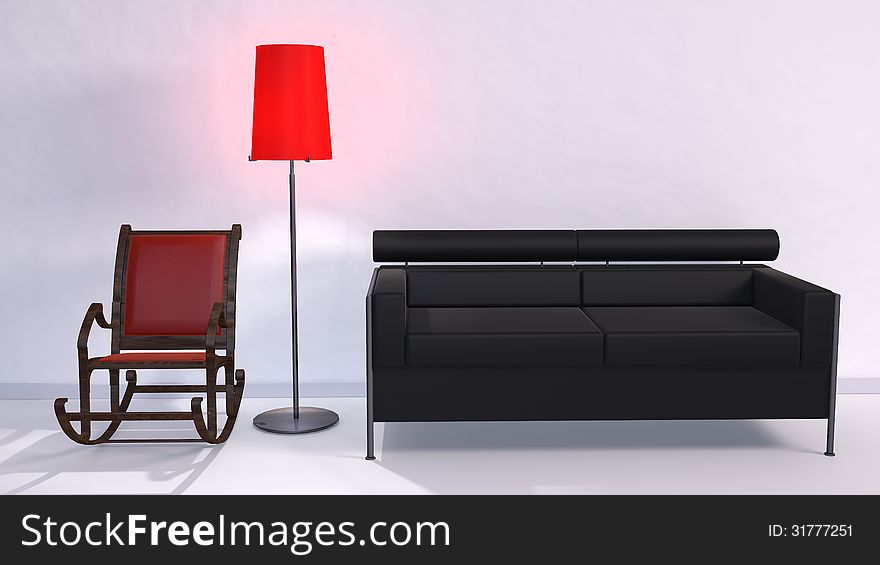 3d illustration of Couch and rocking chair in the White Room. 3d illustration of Couch and rocking chair in the White Room