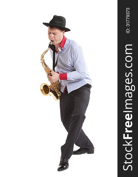 Young man playing on saxophone isolated on white background