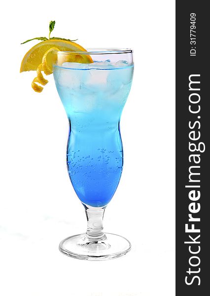 Blue cocktail with ice and orange isolated