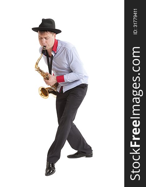 Young man playing on saxophone isolated on white background