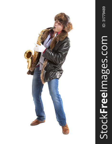 Young man playing on saxophone isolated on white background