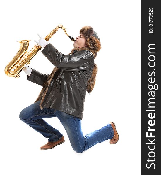 Young man playing on saxophone isolated on white background