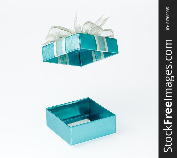 Cyan Gift Box Open Cover On White Background