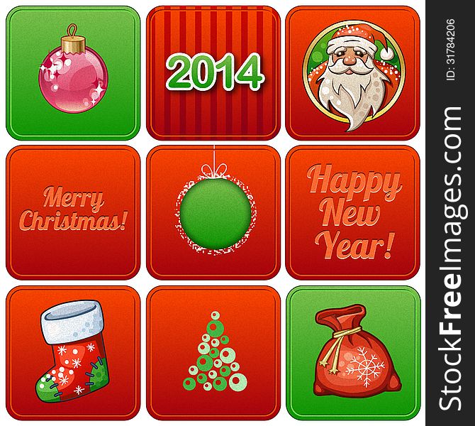 New Year's cards with inscriptions and cartoon icons. New Year's cards with inscriptions and cartoon icons