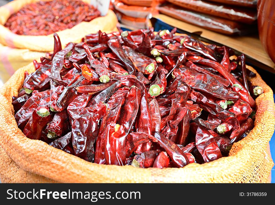 Dried peppers for sale at a market