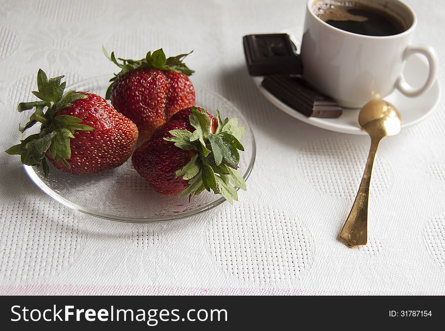 Strawberry, Chocolate And A Cup Of Coffee In The Morning