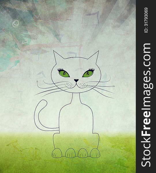 Cartoon cat with green eyes sit on white background. Cartoon cat with green eyes sit on white background.