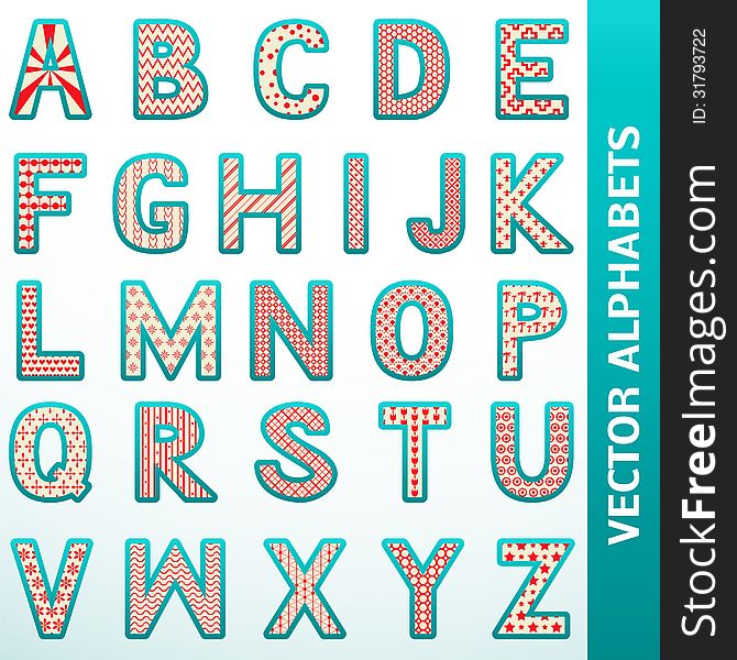 Retro alphabet letters. Vector illustration for your old-fashioned design. Set of character with different pattern in vintage color.