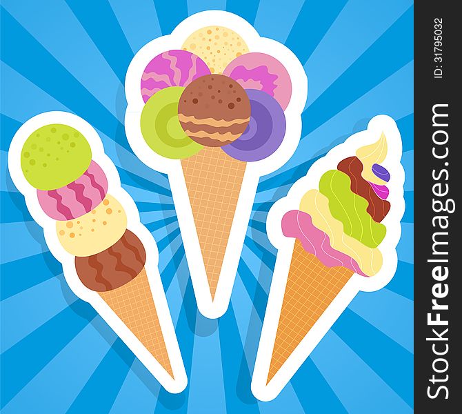 Set colorful ice cream icon on blue beams background with cone and ball. Very delicious and funny. May use for design of happy frozen party. Vector illustration for your sweet design.