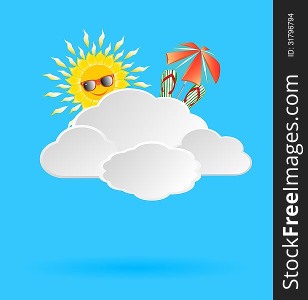 Background with clouds lit by the sun with the elements of beach stuff for your design ideas. EPS 10