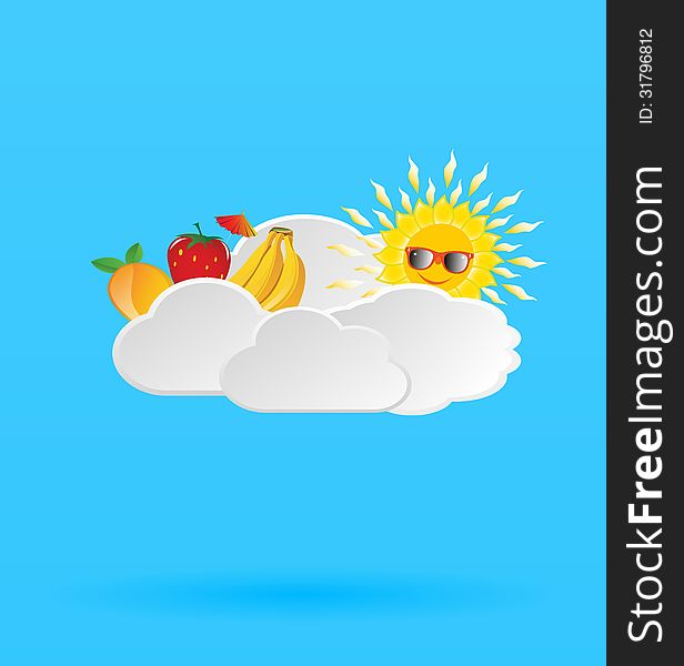 Blue Background With Fruits And Sun In The Clouds