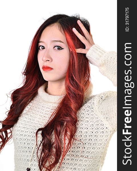 Asian woman with red color long hair in modern lifestyle fashion. Asian woman with red color long hair in modern lifestyle fashion