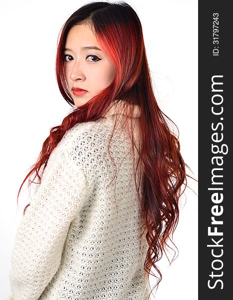 Asian Women Red Long Hair In Modern Fashion
