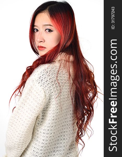 Asian women red long hair in modern fashion