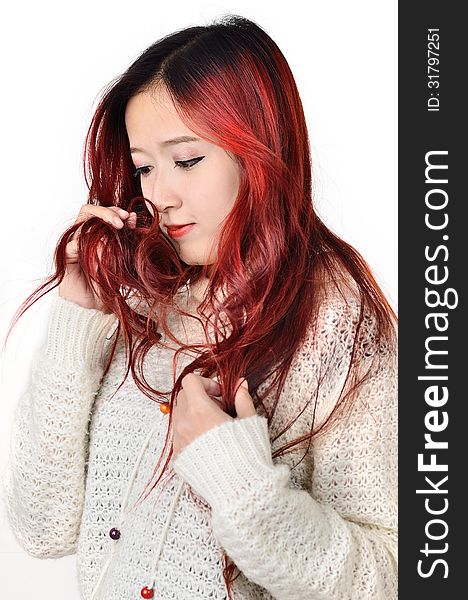 Asian women red long hair in modern fashion