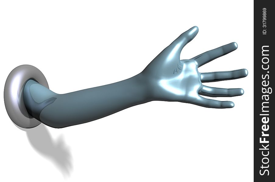 A hand coming out of the wall on a white isolated background. A hand coming out of the wall on a white isolated background