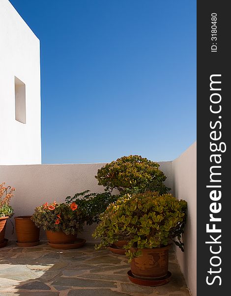 Miscellaneous flower pots standing on a porch. White stucco wall highlighting blue skies is on a background. Miscellaneous flower pots standing on a porch. White stucco wall highlighting blue skies is on a background.